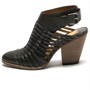 Dolce Vita Harolyn Black Leather Cage Ankle Bootie Block Heel Sandal with Buckle